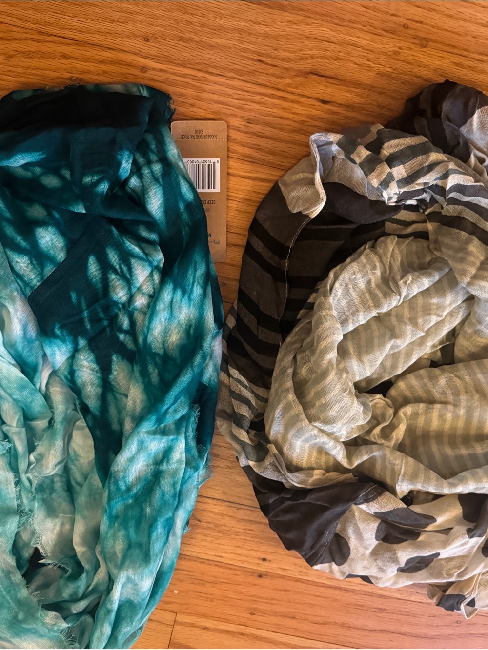 Michael Stars Teal Tie-Dye and Black-Gray Striped Scarf Duo